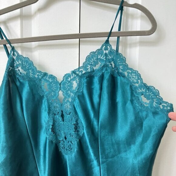 Vintage Womens 1x Slip Turquoise Satin Floral Made in USA Lace Lingerie Mini - Picture 2 of 8